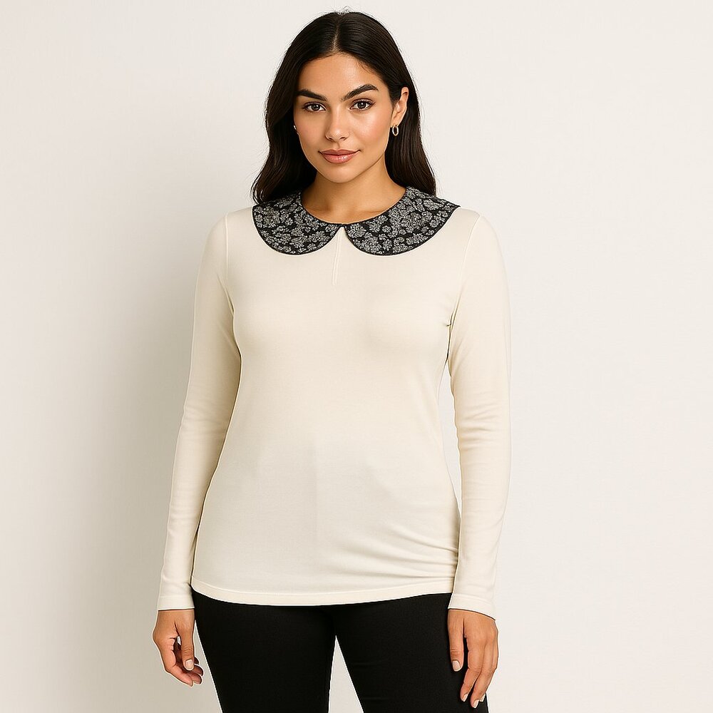 Maple & Cliff Off-White Long Sleeve Blouse with Floral Peter Pan Collar – XS